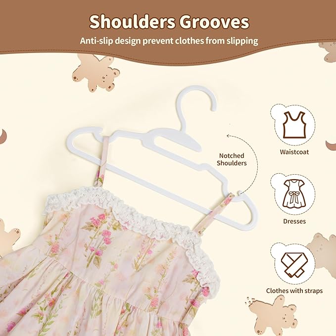 Kids Hangers, 120 Pack U-Shape Baby Hangers, with Protective Collar Non-Distorting Design from Stretching, 11.4inch Plastic Space-Saving Baby Clothes Hangers for Toddlers, Newborns, White