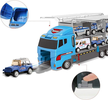 Jenilily Police Car Toy Blue Truck Toy Transporter Mini Vehicles 3 4 5 6