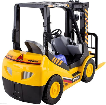 WolVolk 6-Channel Electric Remote Control Forklift - Functional RC Lighted Fork Lift Toy w/Pallet, Barrel