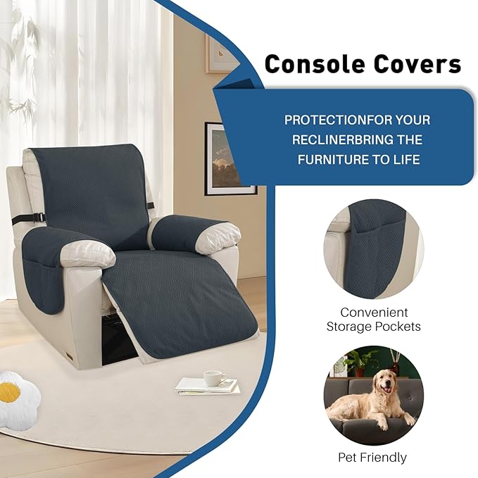Easehomey Waterproof Recliner Chair Cover, Non-Slip Recliner Cover with Elastic Straps Two Pockets Slipcover Washable Oversized Reclining Chair Cover Furniture Protector for Kids,Pets (Dark Grey,28")