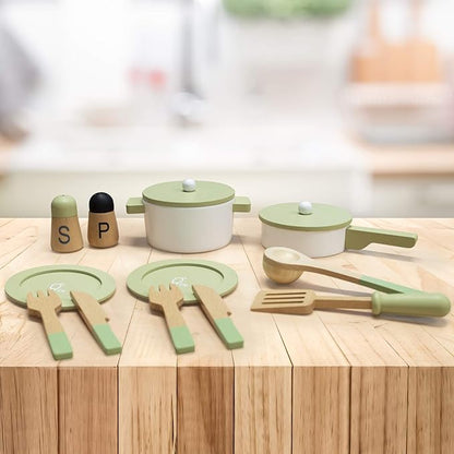 Teamson Kids - Little Chef Frankfurt Wooden Cookware Play Kitchen Accessories for Toddler Boys and Girls, Cookware Set Includes Utensils, Pots, Pans, Plates