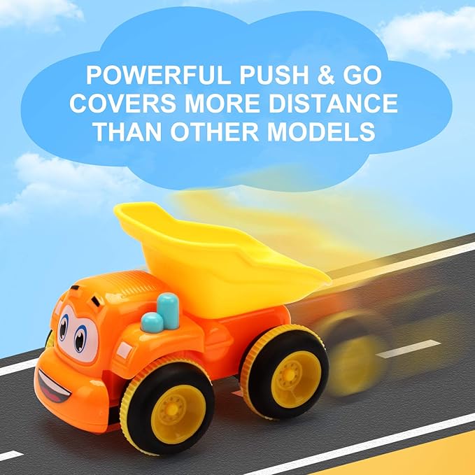 Toys for a 2 Year Old Boy - 3 Friction Powered Trucks for 2+ Year Old Boys, Push & Go Cars Cartoon Construction Vehicle Set