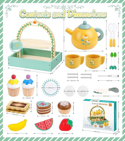 Wooden Tea Set for Toddlers Girls, Tea Party Set with Storage Cupcake Stand Extra Cutting Fruit Kids Tea Set for 3 4 5 6 Years Little Girls, Jeowoqao Portable Princess Tea Party Toys Gifts