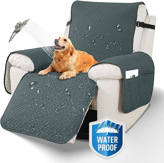 XINEAGE 100% Waterproof Recliner Cover, Non Slip Recliner Chair Cover with Elastic Band, Washable Recliner Slipcover with Storage Pockets for Kids, Pets (Dark Grey, 25")