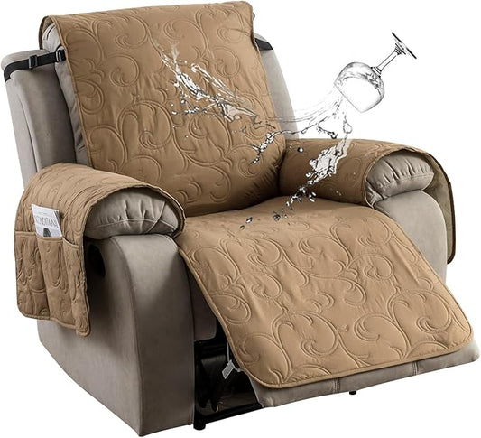 100% Waterproof Recliner Chair Cover, Recliner Chair Covers for Reclining Chair, Non-Slip Fabric Recliner Couch Cover for Living Room, for Pets Kids Protector, Washable (Camel, 28"Recliner Chair)