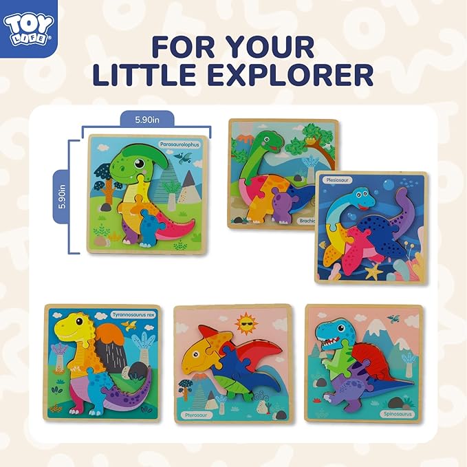 TOY Life Wooden Puzzles for Toddlers 2-4, 6 Pack Dinosaurs Puzzles for Kids Toddler 1-3, Montessori Toys for 1 2 3 Year Old, Educational Toys for Boys Girls Age 2 3 4 5, Baby Learning Toy Gifts