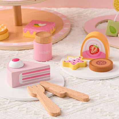 Wooden Tea Party Set for Toddler Girls Toys Gift with Cupcake Stand & Tray & Flower & Dessert, Kids Pretend Play Kitchen Accessories Christmas Birthday Gifts for 3 4 5 6 Years Old Little Girl