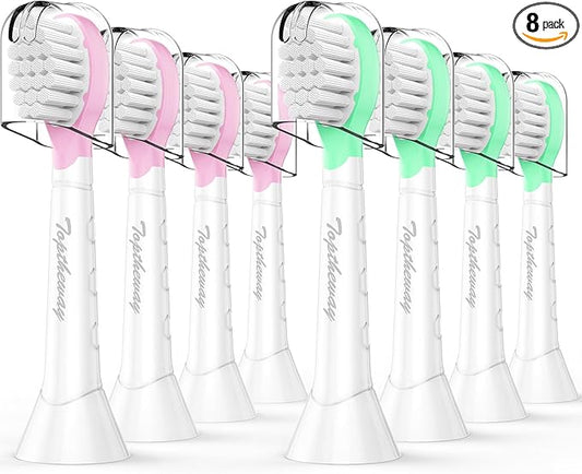 Toptheway Kids Toothbrush Heads for Philips Sonicare: Soft Electric Replacement Brush Compatible with Phillips 6032/94 6321 6340 6042 6320 6330 Compact Head for Child 3-7, Pink Girl Green Boy 8 Pack