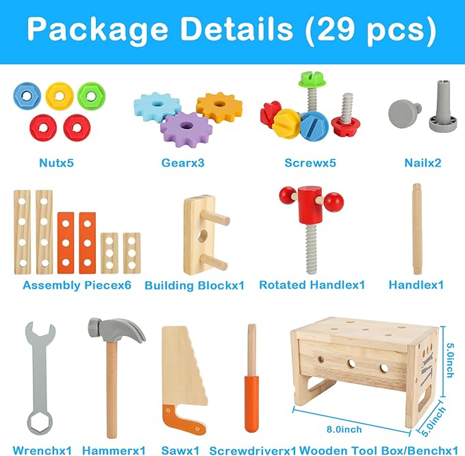 Vextronic Kids Tool Set, Wooden Toddler Tool Set with Tool Box/Bench, Montessori Toys for 1 2 3 4 5 6 Year Old, Play Toy Tools Kit, Educational STEM Construction Christmas Birthday Gift for Boys Girls