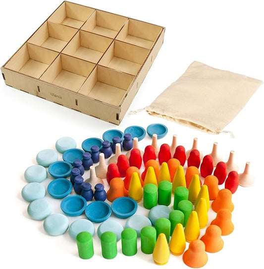 Ulanik Mandala Rainbow Patterns Toddler Montessori Toys for 3 Year Old + Wooden Building Set Matching Game for Learning Color Sorting & Counting — 80 Figurines