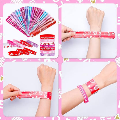 48 Pcs Valentines Slap Bracelets Rubber Bracelets Valentines Party Favors Gifts for Kids School Classroom Goodie Bag Stuffers