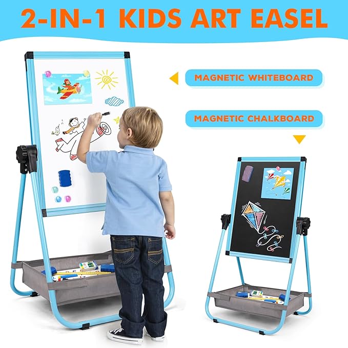 WEYOUNG Easel for Kids Easel for Toddlers, Adjustable Standingg Metal Toddler Easels Whiteboard & Chalkboard for Kids, Magnetic Art Easel for Kids Age 2-4 4-8 9-12, Blue