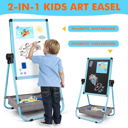 WEYOUNG Easel for Kids Easel for Toddlers, Adjustable Standingg Metal Toddler Easels Whiteboard & Chalkboard for Kids, Magnetic Art Easel for Kids Age 2-4 4-8 9-12, Blue