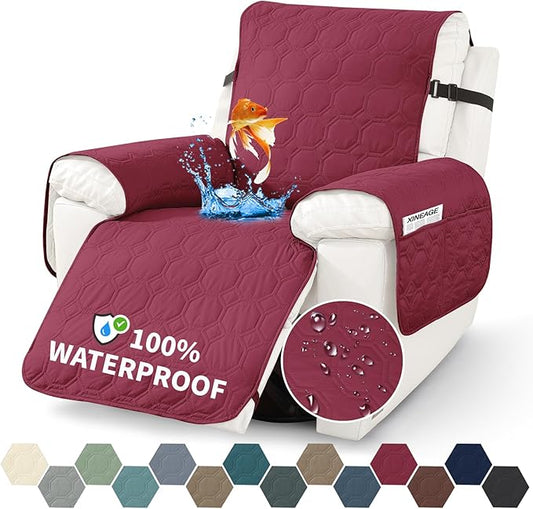 XINEAGE 100% Waterproof Recliner Chair Cover, Non Slip Covers for Recliner Chair with Pocket, Washable Dog Recliner Couch Cover with Elastic Straps (Wine Red, 22")
