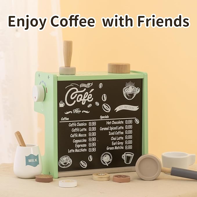 Wooden Coffee Maker Set with Accessories, 2 in 1 Toy Coffee Machine and Shop, Kitchen Pretend Play Toy for Kids Ages 3 Years and Up – FSC Certified
