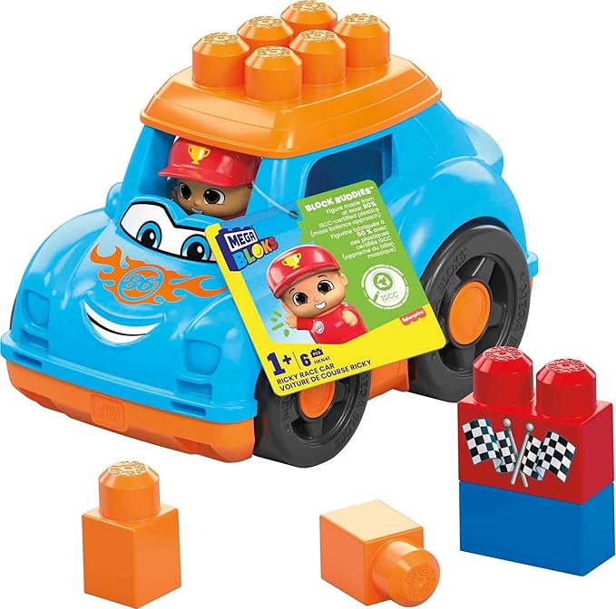 Mega BLOKS First Builders Toddler Building Blocks Toy Set, Ricky Race Car with 6 Pieces and Storage 1 Figure, 1+ Years