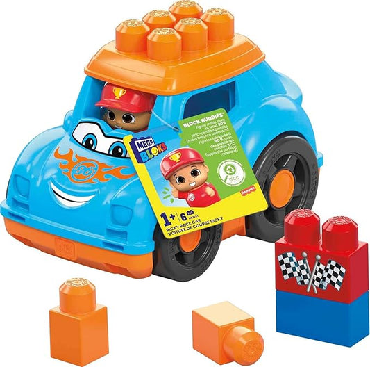 Mega BLOKS First Builders Toddler Building Blocks Toy Set, Ricky Race Car with 6 Pieces and Storage 1 Figure, 1+ Years
