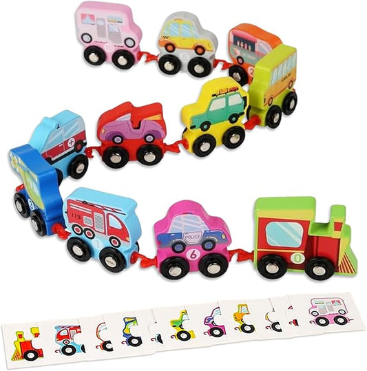 HOMEE Wooden Transportation Train Set for Toddler,11 Pieces Train Toys with Puzzles 0-10 for 3 4 5 Year