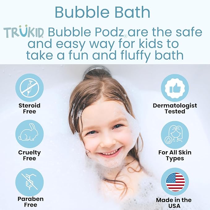 TruKid Bubble Podz Bubble Bath for Baby & Kids, Gentle Refreshing Bath Bomb for Sensitive Skin 7 for (60 Podz)