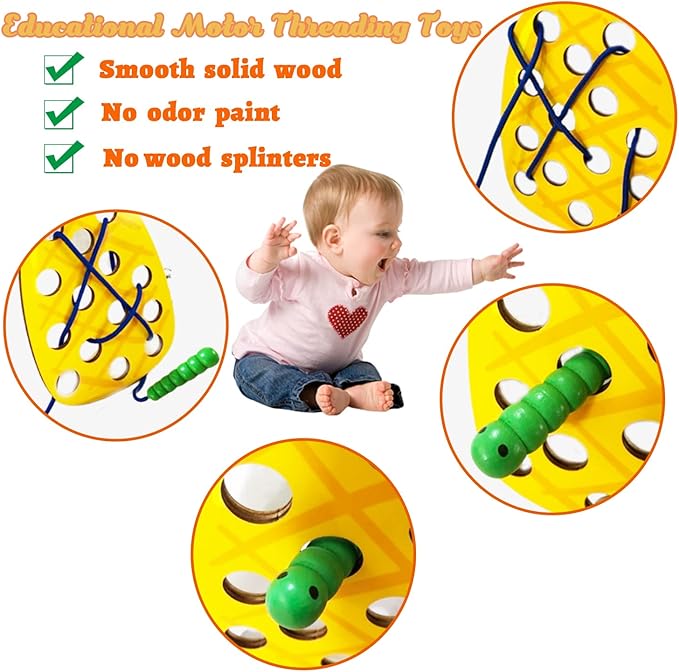 4 Pack Wooden Lacing Toy,Educational Threading Activity Puzzles,Learning Fine Motor Skill Travel Toy,Wooden Fruit Threading Set for Toddlers Kids 3 4 5 Year 1 Apple,1 Watermelon,1 Pineapple,1 Pear