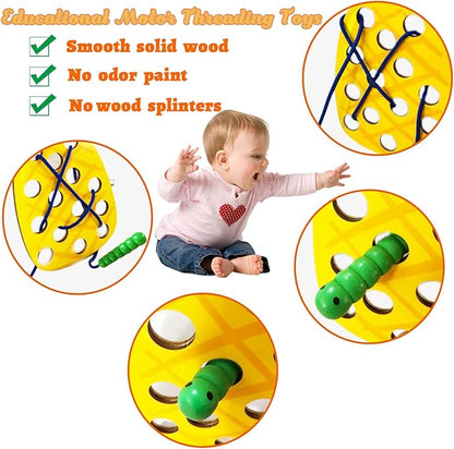 4 Pack Wooden Lacing Toy,Educational Threading Activity Puzzles,Learning Fine Motor Skill Travel Toy,Wooden Fruit Threading Set for Toddlers Kids 3 4 5 Year 1 Apple,1 Watermelon,1 Pineapple,1 Pear
