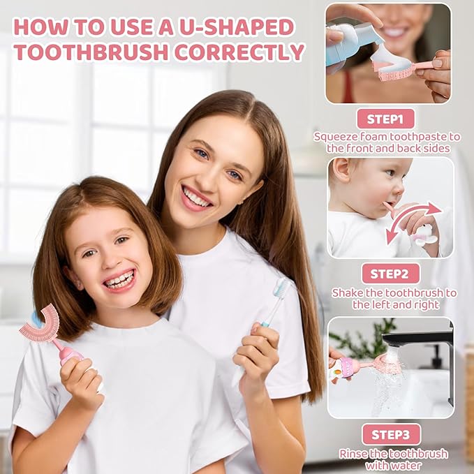 Toddler U-Shaped Toothbrush for 2-6 Years, Training Toothbrush, Kids Toothbrush, Food Grade Soft Silicone Brush Head, 360° Oral Teeth Cleaning Design for Kids, U-Shape Toothbrush for Kids (Pink