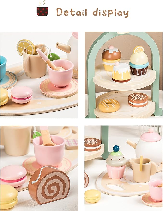 Wooden Dessert Cake Tea Party Set for Little Girls Toys, Pretend Play Kids Tea Set for Toddlers Wood Toys, Wooden Play Food Kitchen Accessories Sets for Kids