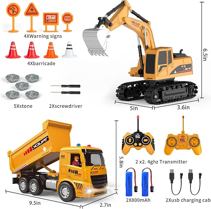 YAYYAY 2 Pack Construction Toy Trucks - Remote Control Excavator 6 7 8+