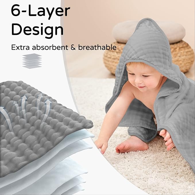 Yoofoss Hooded Baby Towels for Newborn 2 Pack 100% Muslin Cotton Baby Bath Towel with Hood for Babies, Infant, Toddler and Kids, Large 32x32Inch, Soft and Absorbent Newborn Essential