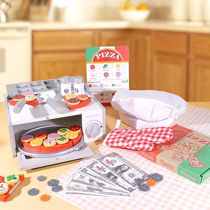 Wooden Pizza Toy 50pcs Toddler Pizza Counter Playset Kids Pretend Play Kitchen Accessories with Play Food, Bake Oven, Chef Role Play Set Xmas Birthday Gift for 3 4 5 6 Year Old Boys Girls
