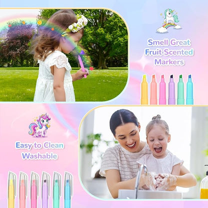 Washable Scented Markers Set for Kids - Unicorn Coloring Art Supplies Set for Kids Ages 4-8 Bithday Gifts for 4-8 Year Old girls Unicorn Pencil Case 54 PCS