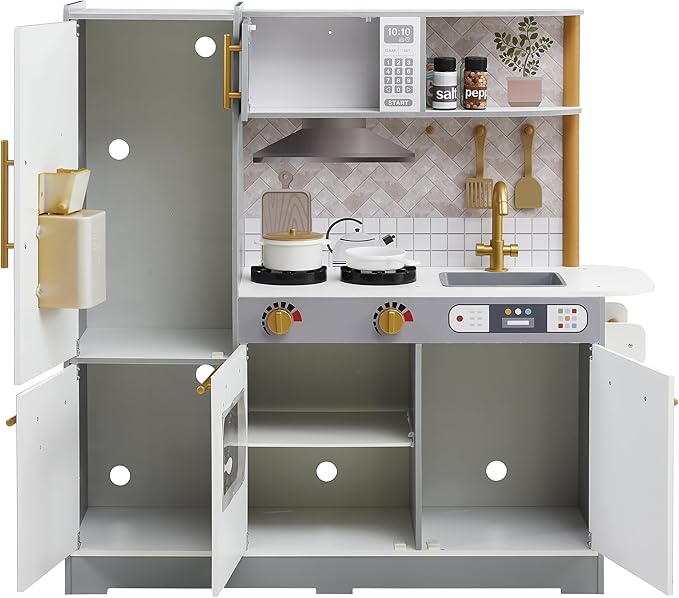 Teamson Kids Little Chef Springfield Play Kitchen with Pretend Ice Dispenser, Magnetic Surface, and 21 pc. Accessory Set, Gray/White