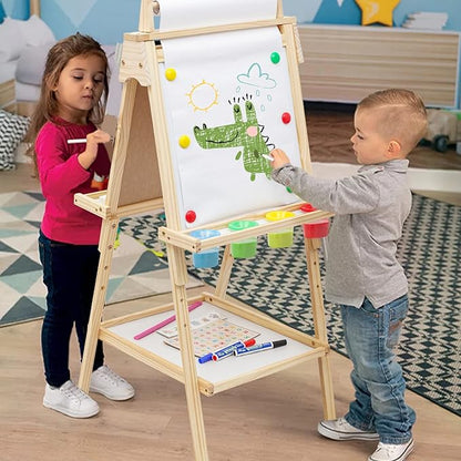 Wooden Easel for Kids 3 in 1 Kids Easel with Paper Roll Adjustable Height Art Easel Chalkboard & Whiteboard Drawing Easel for Kids Toddlers.