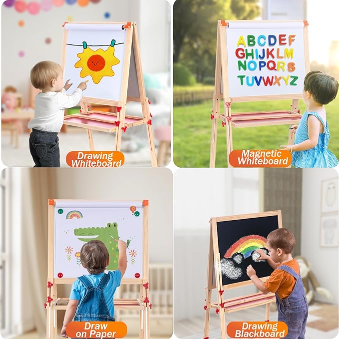 Wooden Adjustable Easel for Kids,Quick-Fold Kids Easel with Paper Roll&Accessories, Double Sided Painting Easel for Toddlers 3,4,5,6,7,8,9,10 Years,Perfect Painting Gifts&Supplies for Boys&Girls