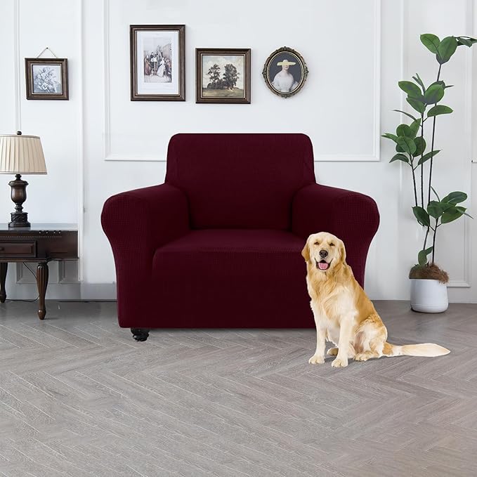 100% Waterproof Jacquard Fabric Couch Cover, Dual Layer with TPU Film, Leakproof High Elasticity Non-Slip Washable Furniture Protector for Pets, Dogs, Cats and Kids (Chair,Wine)