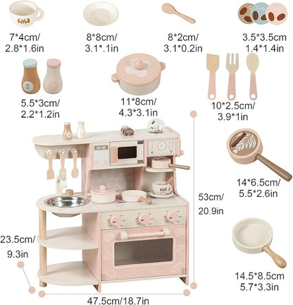 Wooden Play Kitchen for Kids, Pretend Kitchen Playset with Coffee Maker, Oven, Microwave, Cookware Accessories, Play Sink, Mini Toy Kitchen Set,Christmas Birthday Gift for Toddler Boys Girls