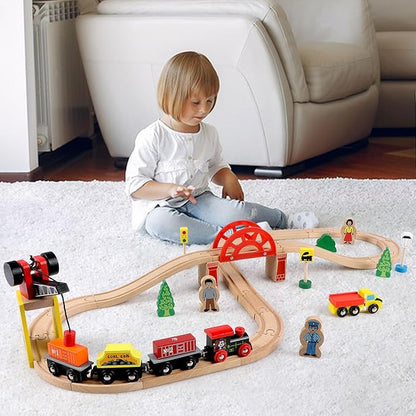 Qilay Wooden Train Set for Toddler - 39 Pcs Wooden Train Tracks with Crane, Bridge & 5 Wooden Trains 3,4,5 Year