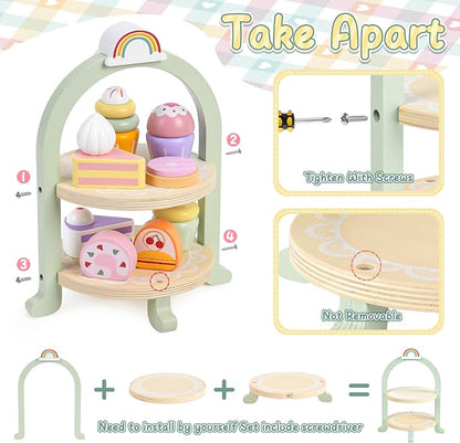 Wooden Tea Party Set for Little Girls Toddler Tea Set with Cupcake Stand & Food Dessert, Play Kitchen Accessories for Toddlers 2 3 4 5 6 Years Old, Wooden Toys Birthday Kids Girls Gifts 3-6