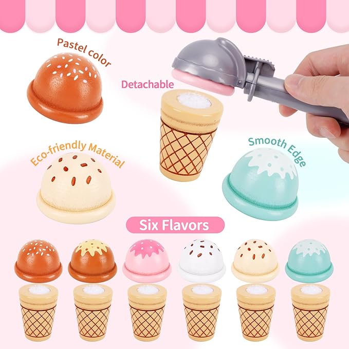 Wooden Ice Cream Toys for Toddlers 3-5, Kids Wooden Toys Play Kitchen Accessories, Play Food Sets for Kids Kitchen, Pretend Play Toys Gifts for 3 4 5 Year Old Girls Boys Birthday Christmas