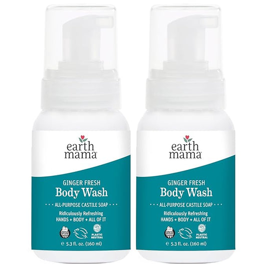 Earth Mama Ginger Fresh Foaming Hand Soap and All Purpose Body Wash for Sensitive Skin, Liquid Castile Soap with Organic Coconut Oil 5.3 fl (2-Pack)