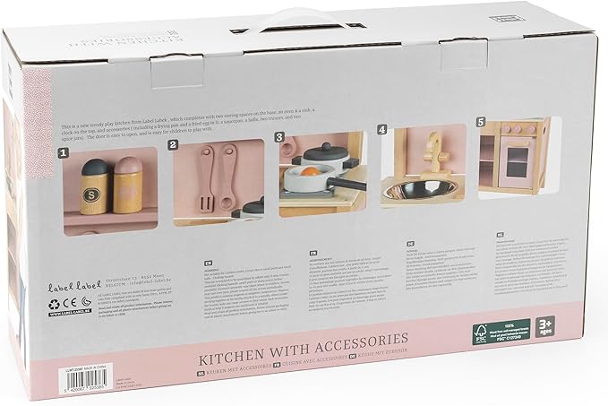 Wooden Kitchen Play Set - Pink - Standing Appliance Toy, Cooking & Food Accessories, Storage-Oven-Sink, Pretend Play Station, Kids Age 3+