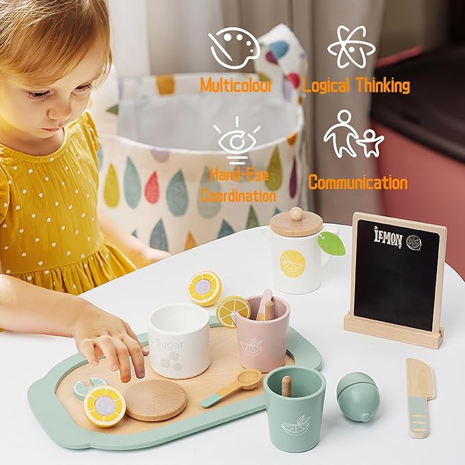 Wooden Tea Party Set for Little Girls Toys, Pretend Play Kids Tea Set for Toddlers Wood Toys, Wooden Play Food Kitchen Accessories Sets for Kid (Lemon Tea)
