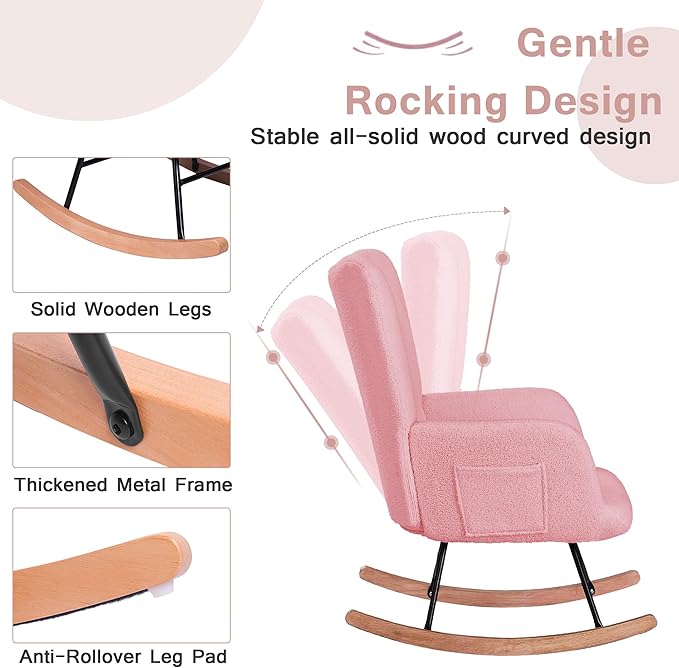 VECELO Rocking Chair Nursery Teddy Upholstered Glider Rocker with High Backrest, Padded Seat, Side Pocket, for LivingRoom, Bedroom, Baby Room