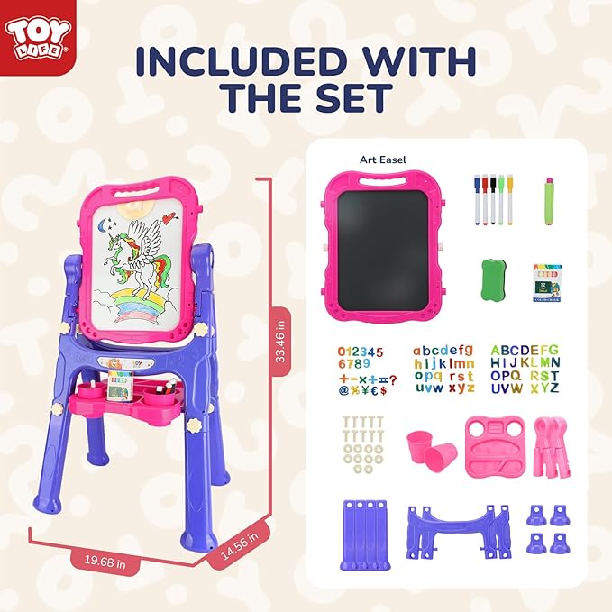 STEAM Life Art Easel for Kids, Double-Sided 4In1 Toddler Easel with Rotable Magnetic Chalkboard & White Drawing Board, Height Adjustable with Magnetic Letters & Numbers Gifts for Boys and Girls