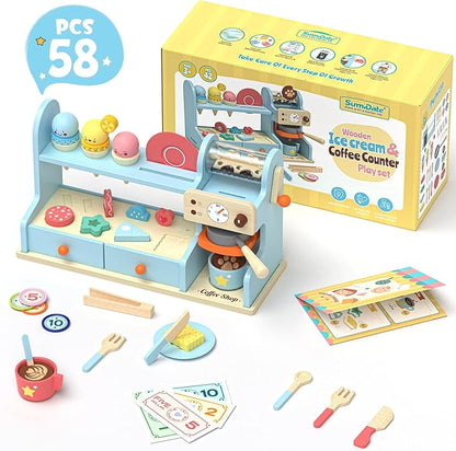 42PCS Wooden Kids Coffee Maker Toy Play Set 3 in 1 Ice Cream Dessert Maker Playset Toy,Pretend Play Food Kitchen Accessories,Montessori Shape Sorter Toy for Girl and Boy