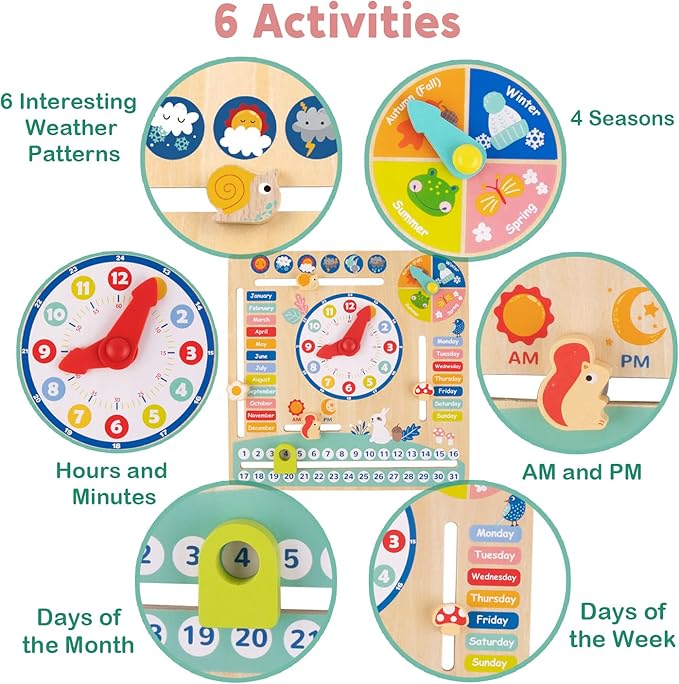 TOOKYLAND Montessori Educational Wooden Learning Toys Kids Daily Calendar My Calendar Clock Wooden Toys Gifts for Toddler Kids Age 3+