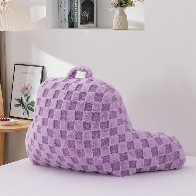Aimuan Reading Pillow Checkered Bed Rest Wedge Backrest Checkerboard Pillow with Arms Back Support for Sitting Up in Bed Cushion Incline Rest Sleeping Snoring Pillow, Purple Large