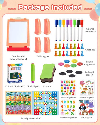 Tabletop Easel for Kids, Foldable Art Easel for Toddler,Double Sided Kids Easel with Chalkboard & Magnetic Dry Erase Board,Height Adjustable Desktop Easel, Educational Gift for Girls(Pink)