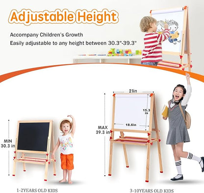 Wooden Adjustable Easel for Kids,Quick-Fold Kids Easel with Paper Roll&Accessories, Double Sided Painting Easel for Toddlers 3,4,5,6,7,8,9,10 Years,Perfect Painting Gifts&Supplies for Boys&Girls