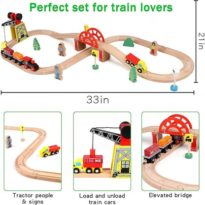 Qilay Wooden Train Set for Toddler - 39 Pcs Wooden Train Tracks with Crane, Bridge & 5 Wooden Trains 3,4,5 Year